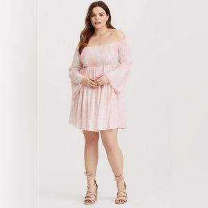 Pink & White Tie Dye Off Shoulder Dress